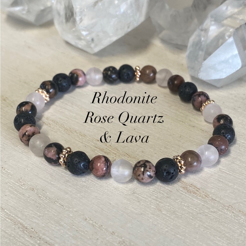 2/$25 - Rhodonite, Rose Quartz & Lava Stone Essential Oil Stretch Bracelet - 6mm